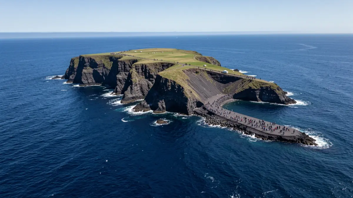 Vista aérea de la costa volcánica de la isla de El Hierro con el océano Atlántico de fondo.