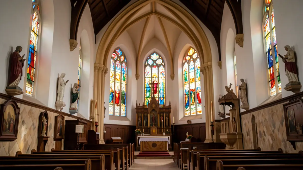 Generic image of the interior of a church in Tenerife with stained glass windows.
