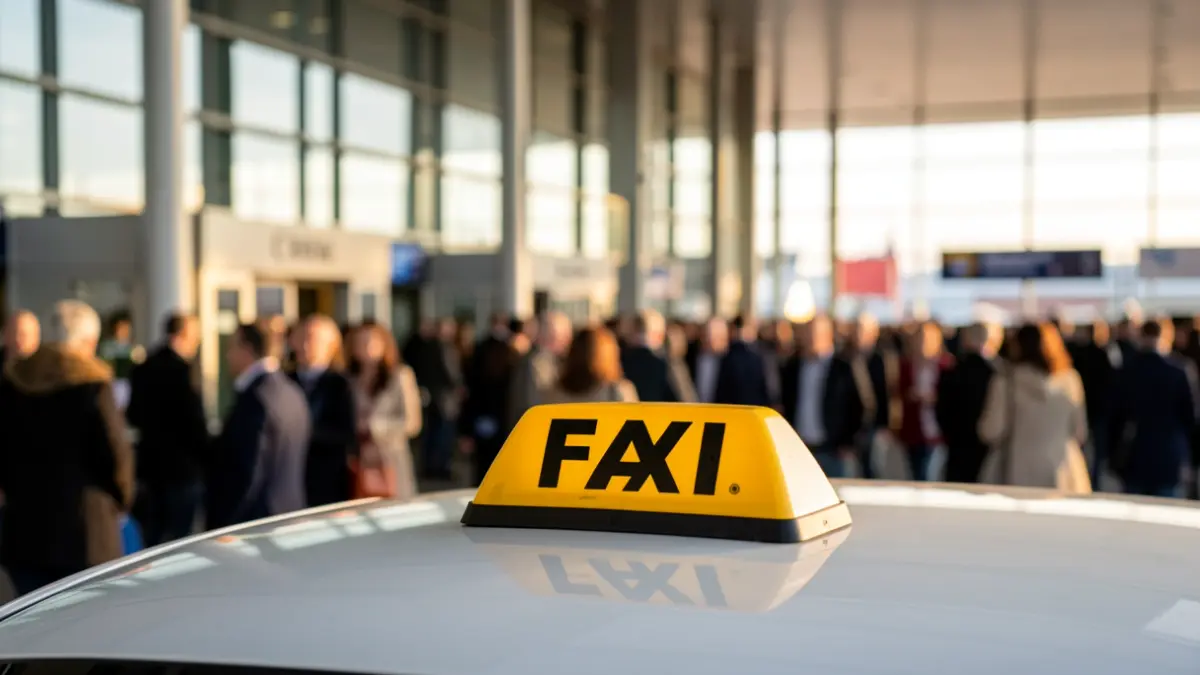 Image of a taxi at an airport terminal.