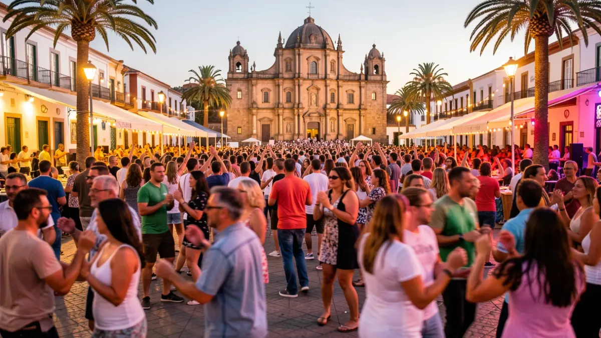 Imagen genérica de un festival de salsa al aire libre en La Laguna, Tenerife, con público bailando bajo luces cálidas.