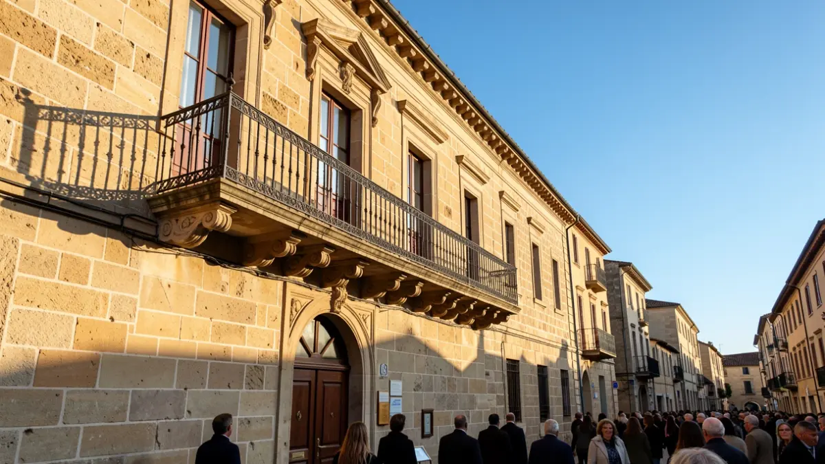Traditional stone town hall facade with ornate balcony and iron railings, warm afternoon sunlight casting shadows on the sandstone walls, blue sky, documentary photography style.