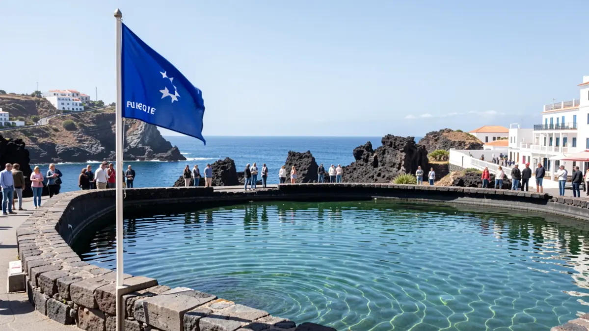 Blue Flag waving at a natural swimming pool in San Cristóbal de La Laguna.