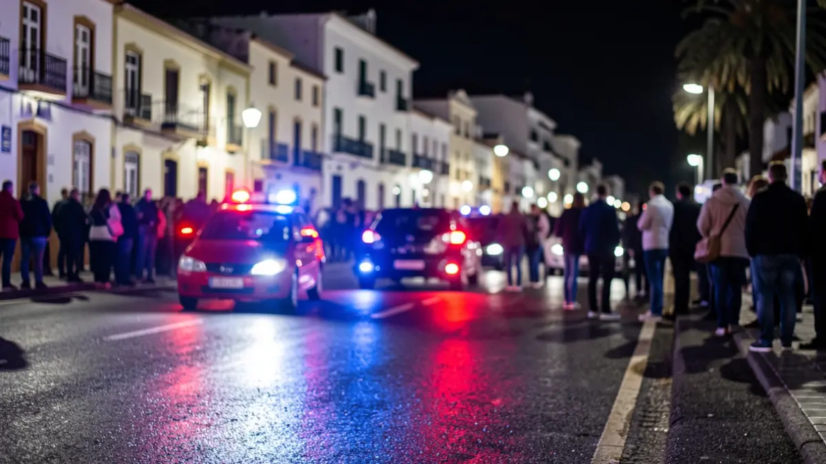Imagen genérica de luces de emergencia policiales reflejándose en el asfalto mojado por la noche en La Laguna, Tenerife.