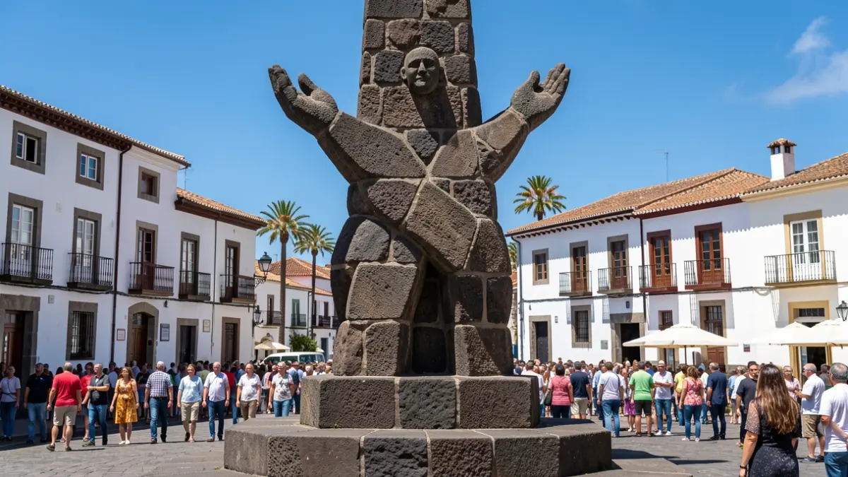 Monumento abstracto que simboliza la integración y la acogida, con arquitectura tradicional canaria de fondo.