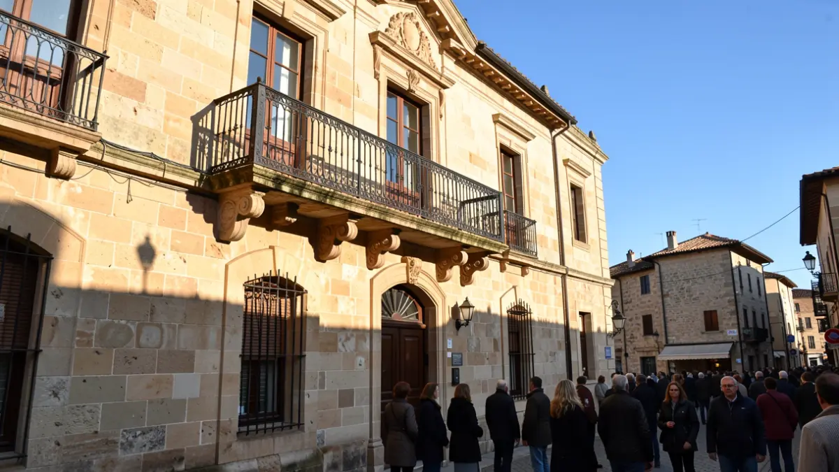 Traditional stone town hall facade with ornate balcony and iron railings, warm afternoon sunlight casting shadows on the sandstone walls, blue sky.