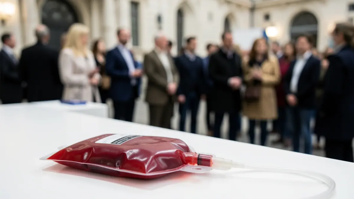 Bolsa de sangre con líquido rojo sobre superficie estéril.