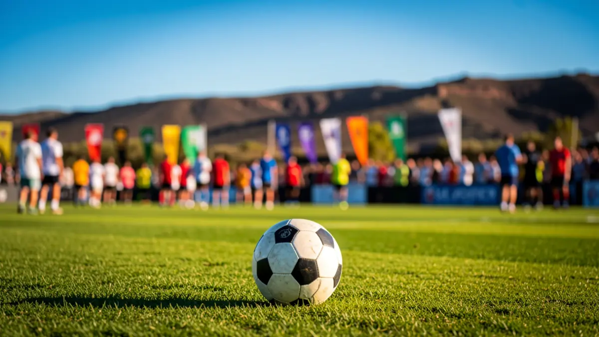 Imagen genérica de un torneo de fútbol base en Lanzarote, con paisaje volcánico al fondo.