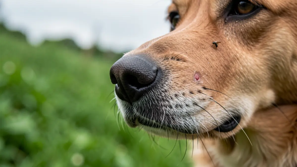 Primer plano del hocico de un perro con vegetación borrosa al fondo, sugiriendo una posible picadura de insecto.