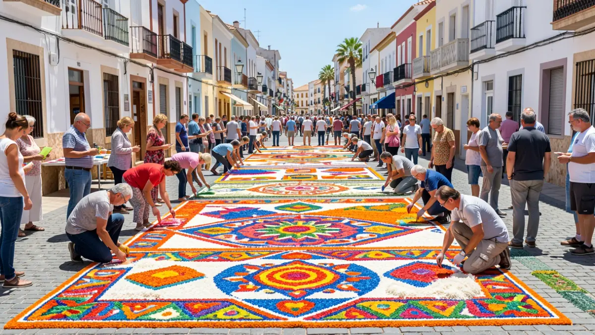 Salt carpet designs being created by residents in Las Palmas de Gran Canaria.