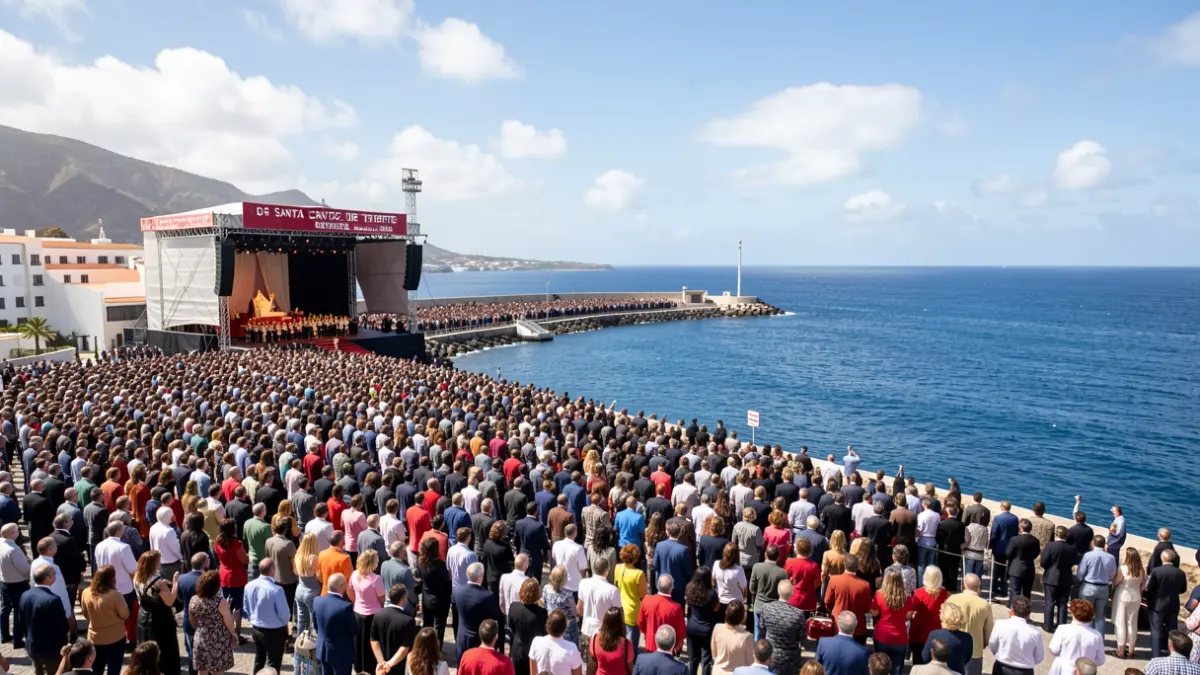 Imagen genérica del puerto de Santa Cruz de Tenerife con una multitud y un escenario preparado para un evento.