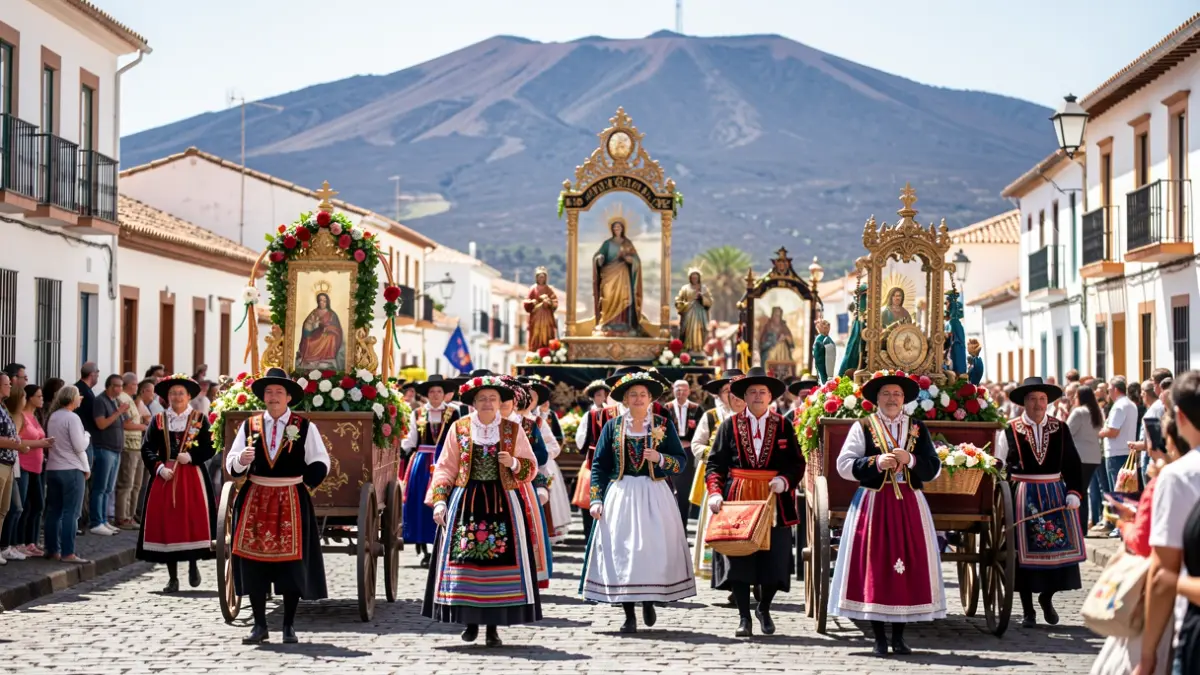 Imagen genérica de la Romería de La Orotava con carretas y participantes.
