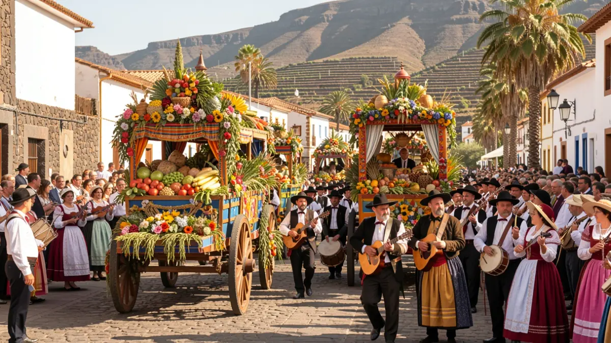 Imagen genérica de una romería tradicional canaria en La Orotava con carretas decoradas y grupos folclóricos.