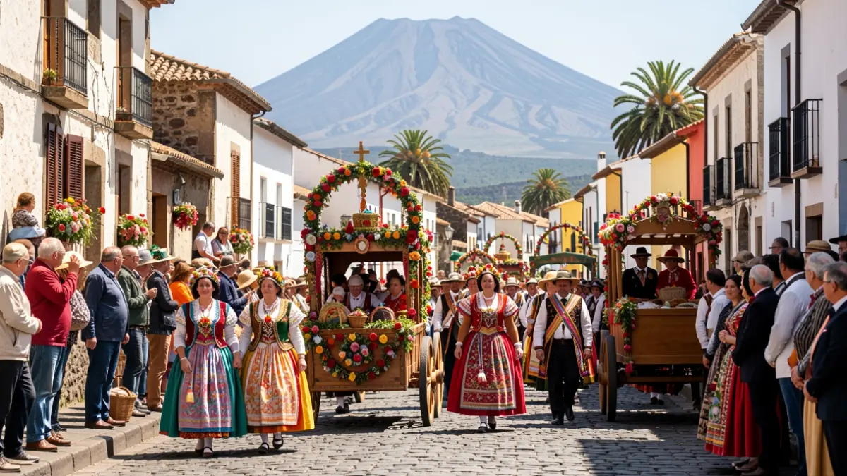 Generic image of a traditional Canarian romería in La Orotava, Tenerife, featuring people in traditional attire and decorated carts.