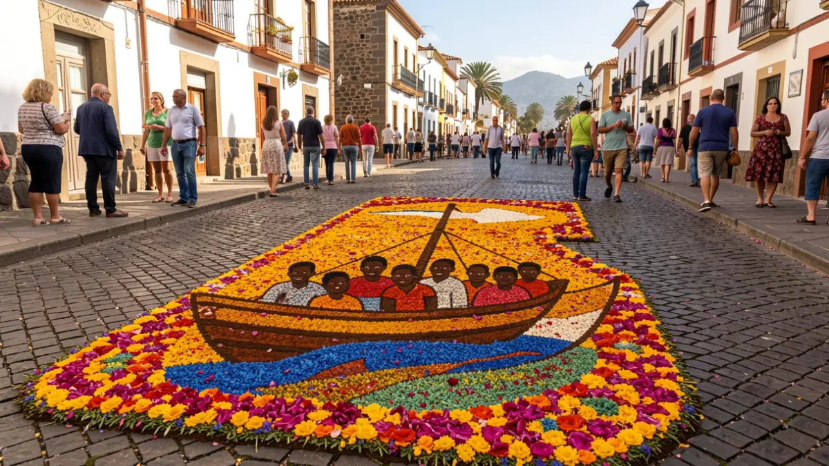 Alfombra de flores en La Orotava con un mensaje de solidaridad con los migrantes.