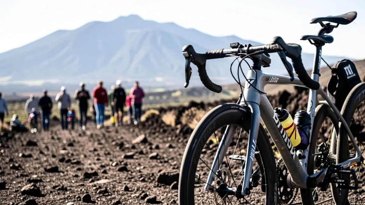 Bicicleta de triatlón en un sendero volcánico de La Palma durante una competición.