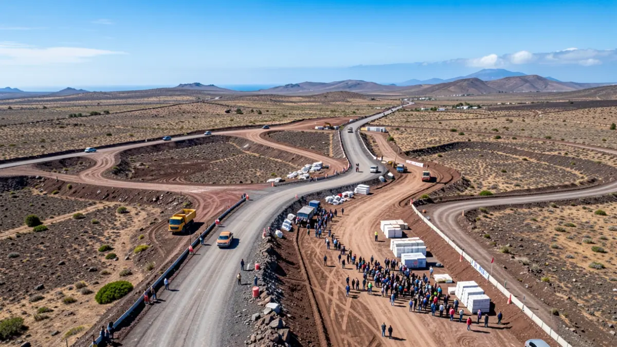 Imagen genérica de obras en una carretera en un paisaje volcánico de La Palma.