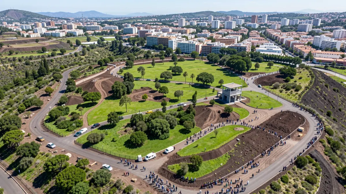 Aerial view of a large urban park under development on a volcanic hillside in La Palma, with visible construction elements.