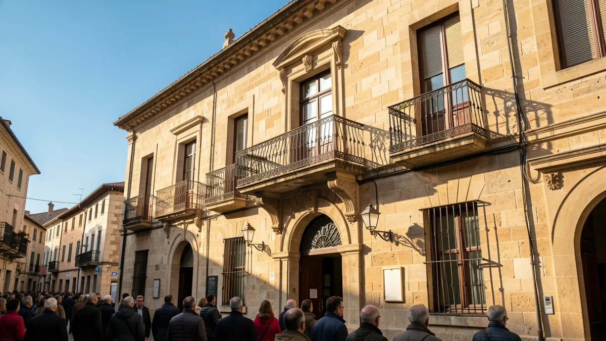 Fachada de un ayuntamiento tradicional de piedra con balcón y barandillas de hierro, luz cálida de la tarde proyectando sombras en las paredes de arenisca, cielo azul.