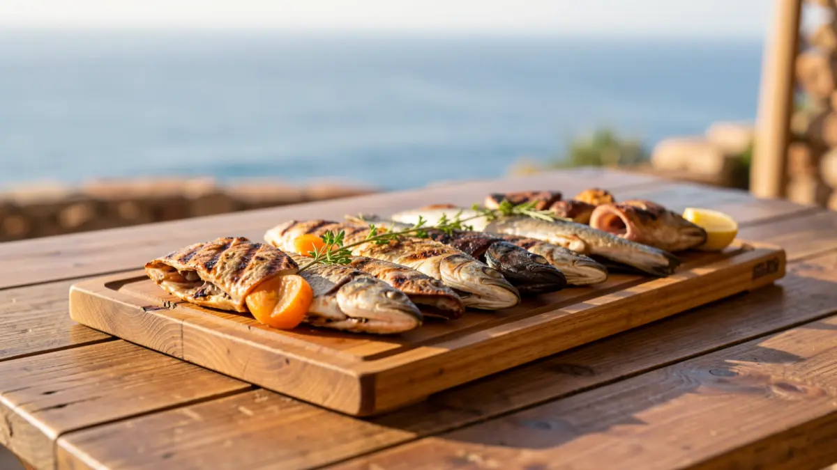 Imagen de una parrillada de pescado de un metro de largo en un restaurante de San Felipe, Gran Canaria.