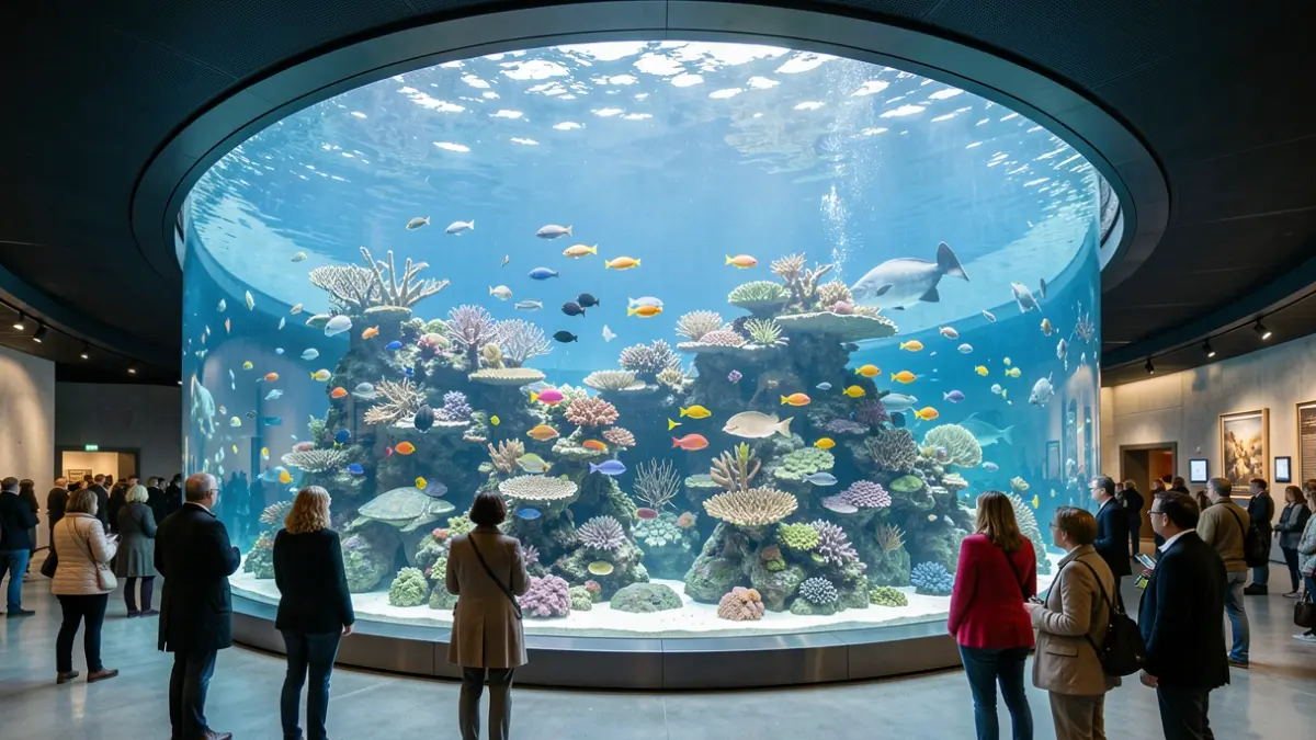 Imagen genérica de un acuario moderno con una gran ventana curva y vida marina.