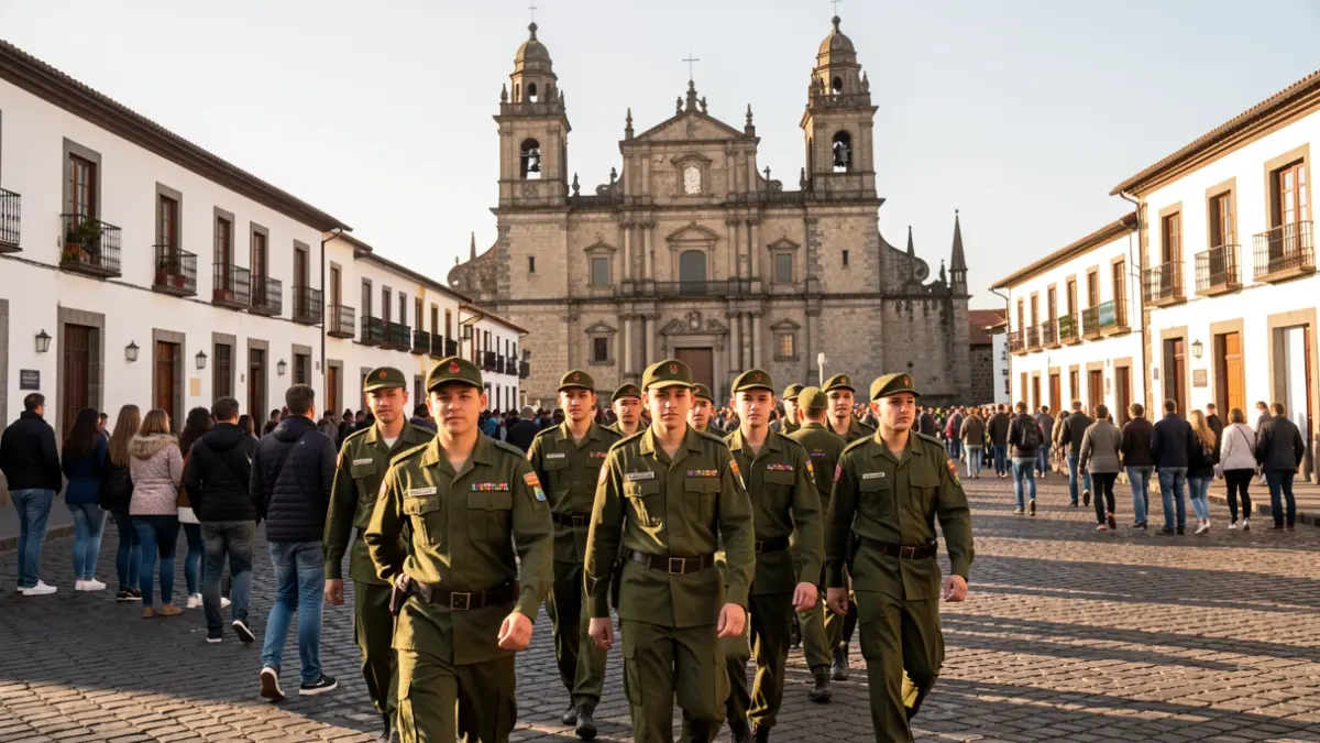 Generic image of a group of young military personnel visiting a historic town center with a basilica.