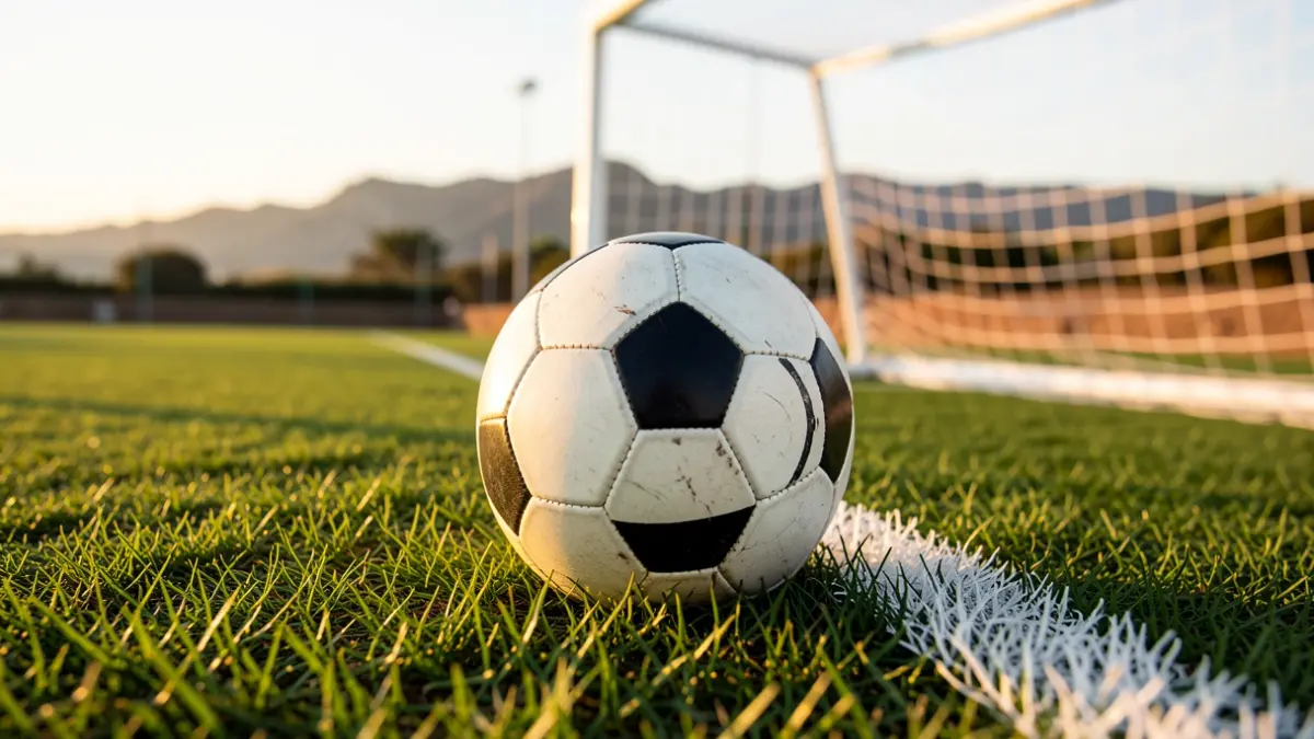 Imagen genérica de un balón de fútbol sobre césped con la red de portería desenfocada al atardecer.