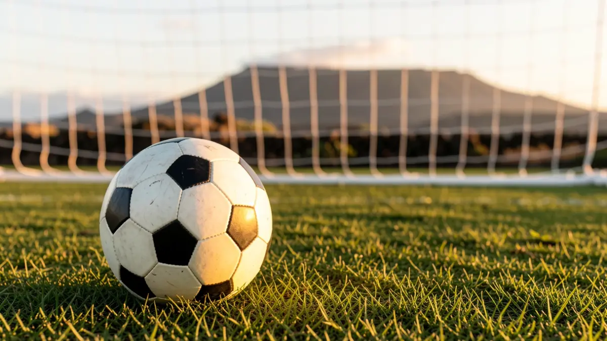 Generic image of a soccer ball on grass with a blurred goal net.