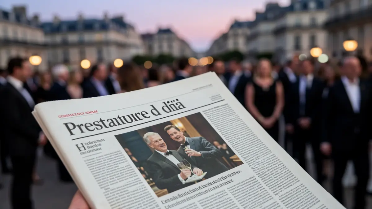 Primer plano del diseño de un periódico premiado, con una imagen de impacto y tipografía cuidada, sobre un fondo de ciudad europea al atardecer.