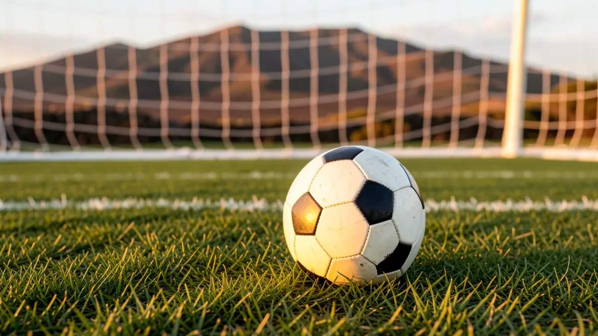 Generic image of a soccer ball on grass with a blurred goal net.