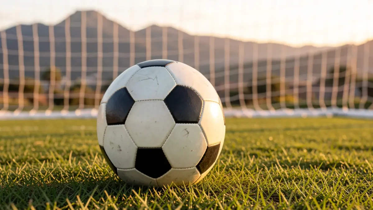 Generic image of a soccer ball on grass with a blurred goal net.