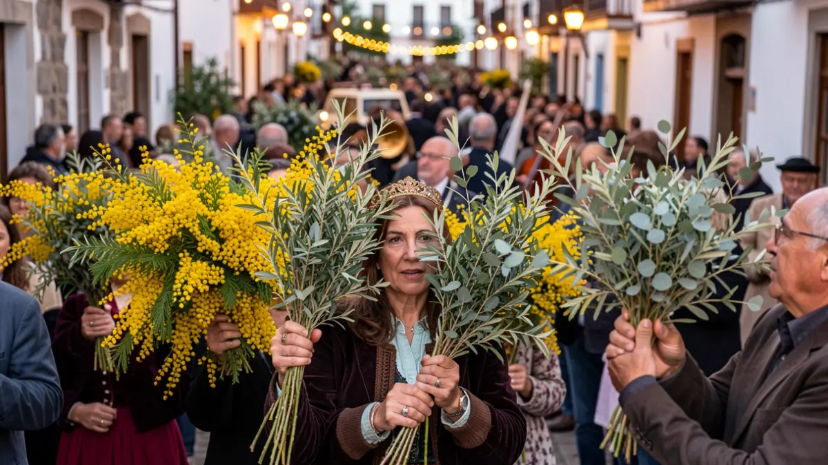 Generic image of a festive procession with flower branches and music in a Canarian village.