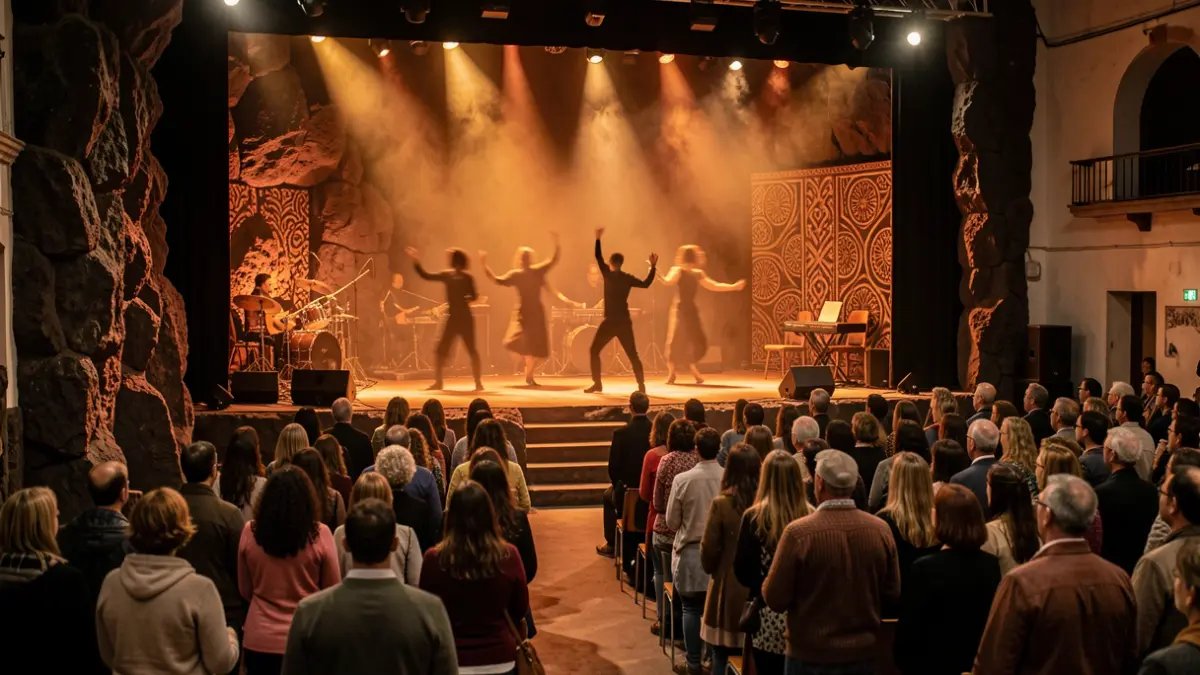 Theatrical stage with volcanic elements and contemporary dance.