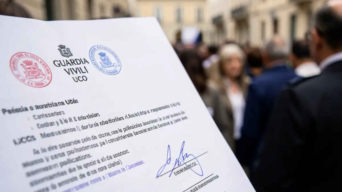 Primer plano de un informe de la UCO de la Guardia Civil española con sellos oficiales y texto borroso, destacando una sección que menciona una reunión entre políticos y representantes empresariales.