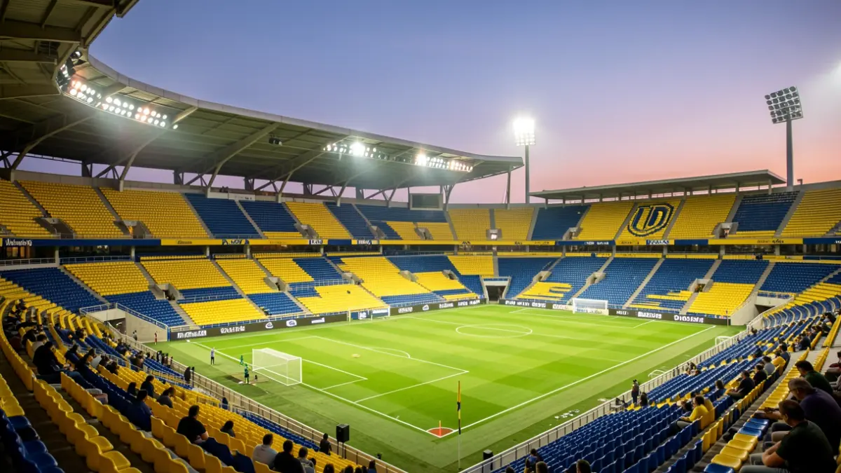 UD Las Palmas stadium with empty seats and the pitch illuminated at dusk.