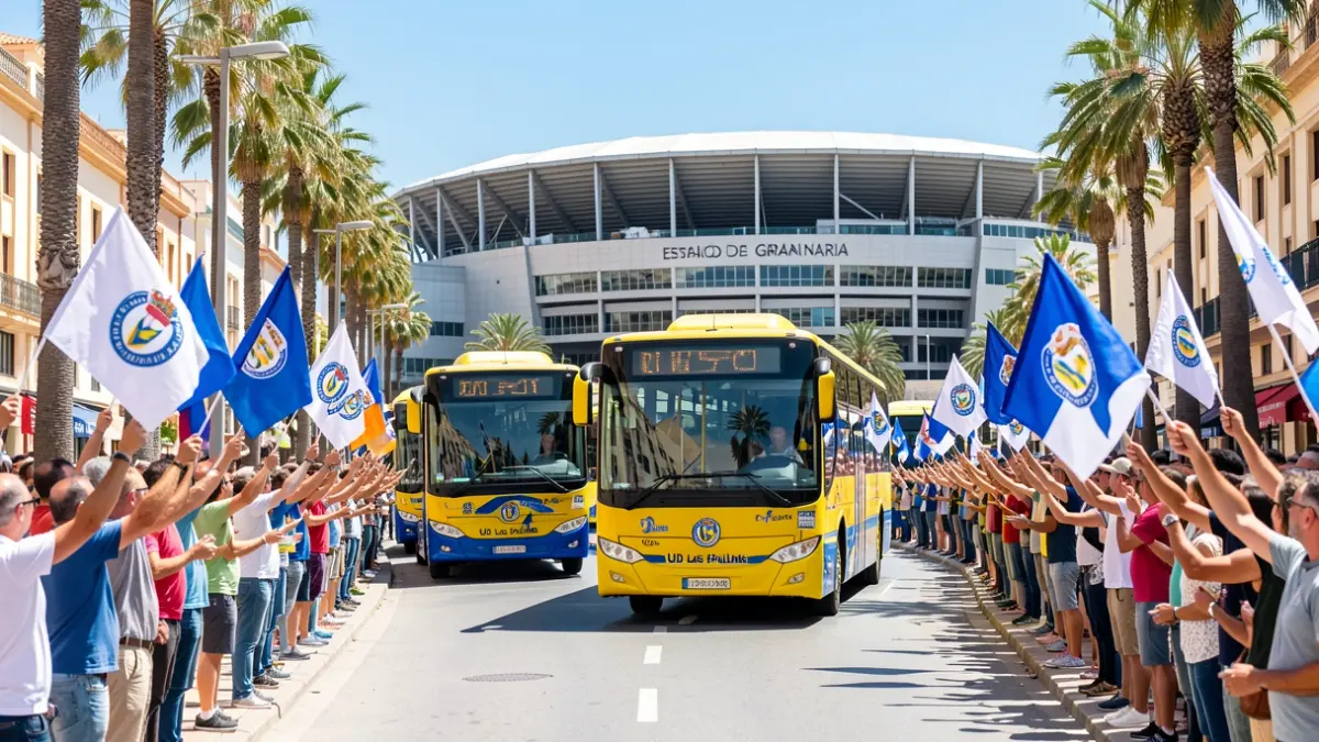 Autobús de la UD Las Palmas siendo arropado por aficionados antes de un partido.
