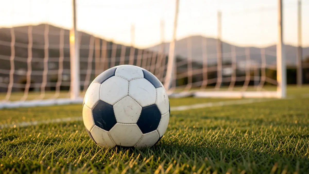 Generic image of a football on grass with the goal net blurred.