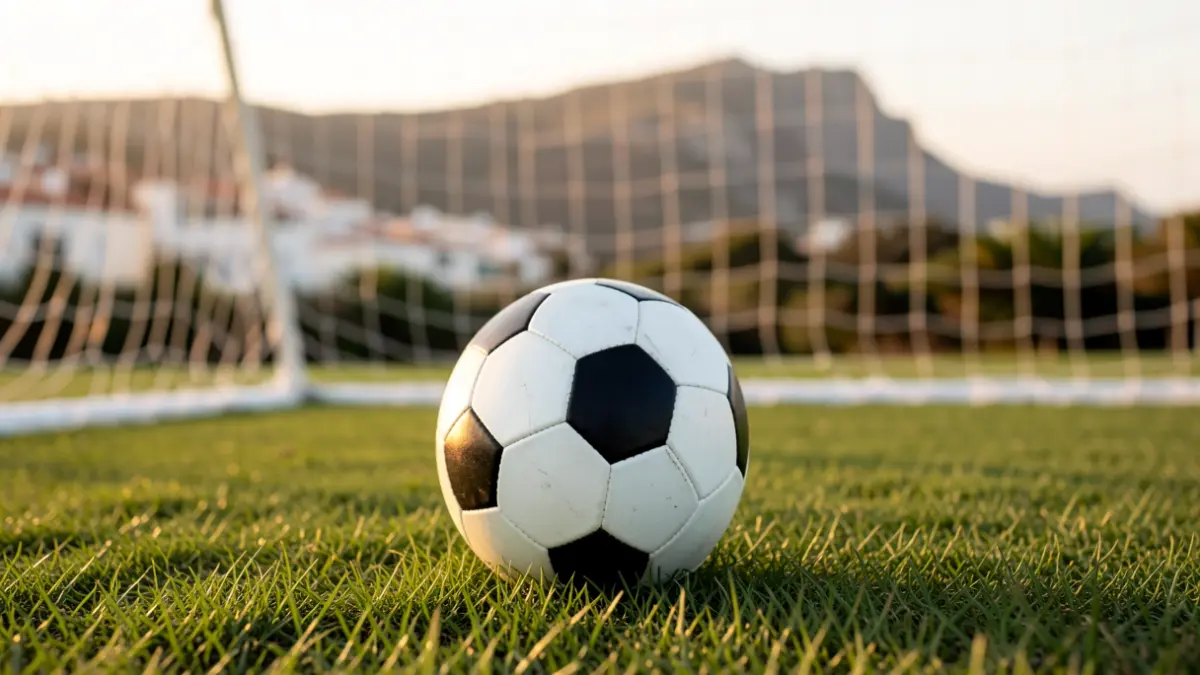 Generic image of a soccer ball on grass with a blurred goal net.