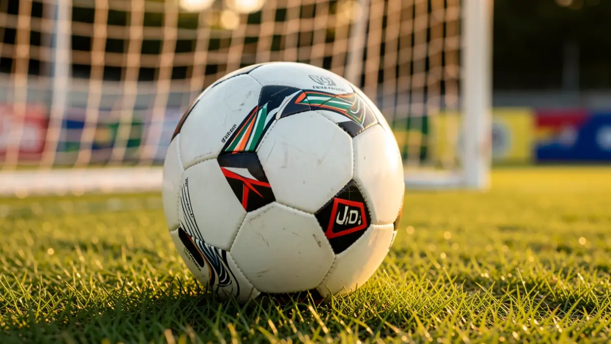 Generic image of a soccer ball on grass with the goal blurred in the background.