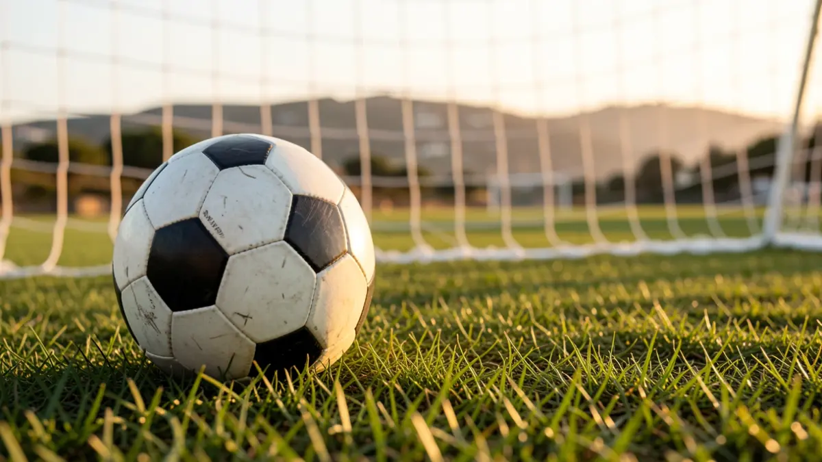Imagen genérica de un balón de fútbol sobre césped con la red de portería desenfocada.