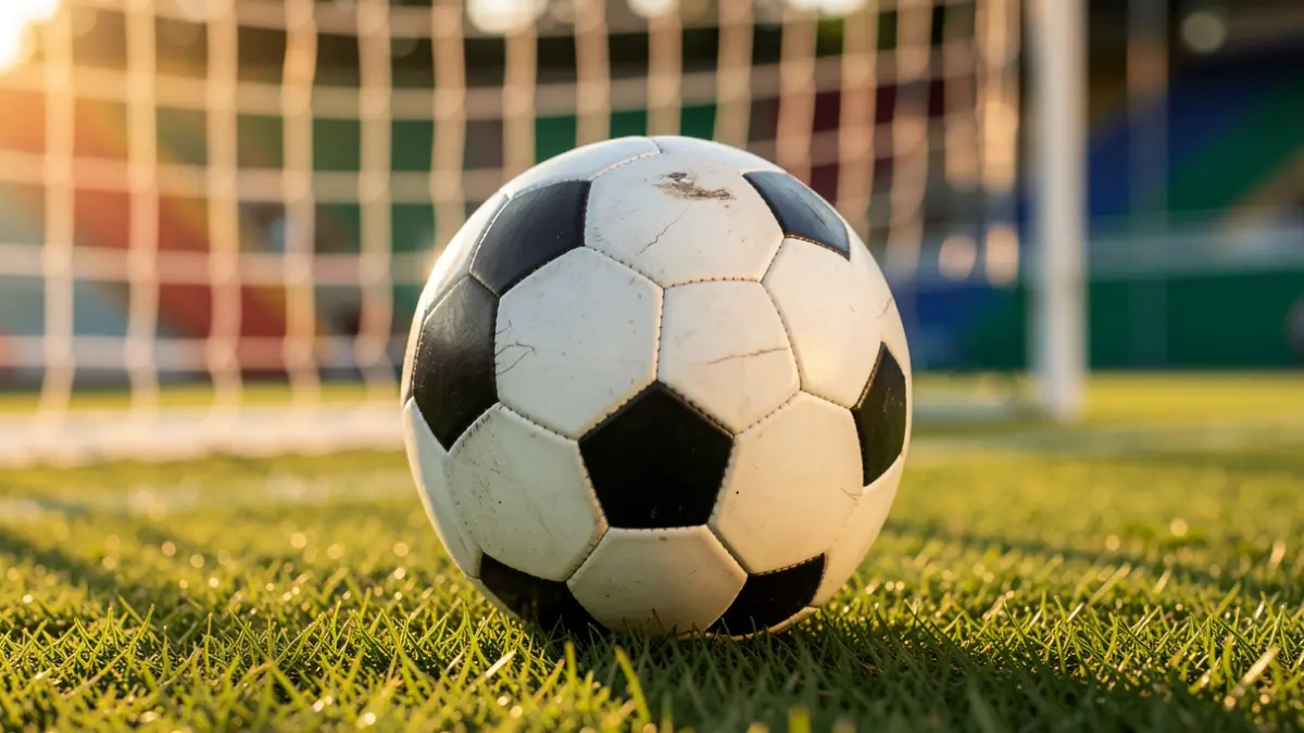 Imagen genérica de un balón de fútbol sobre césped con la portería difuminada.