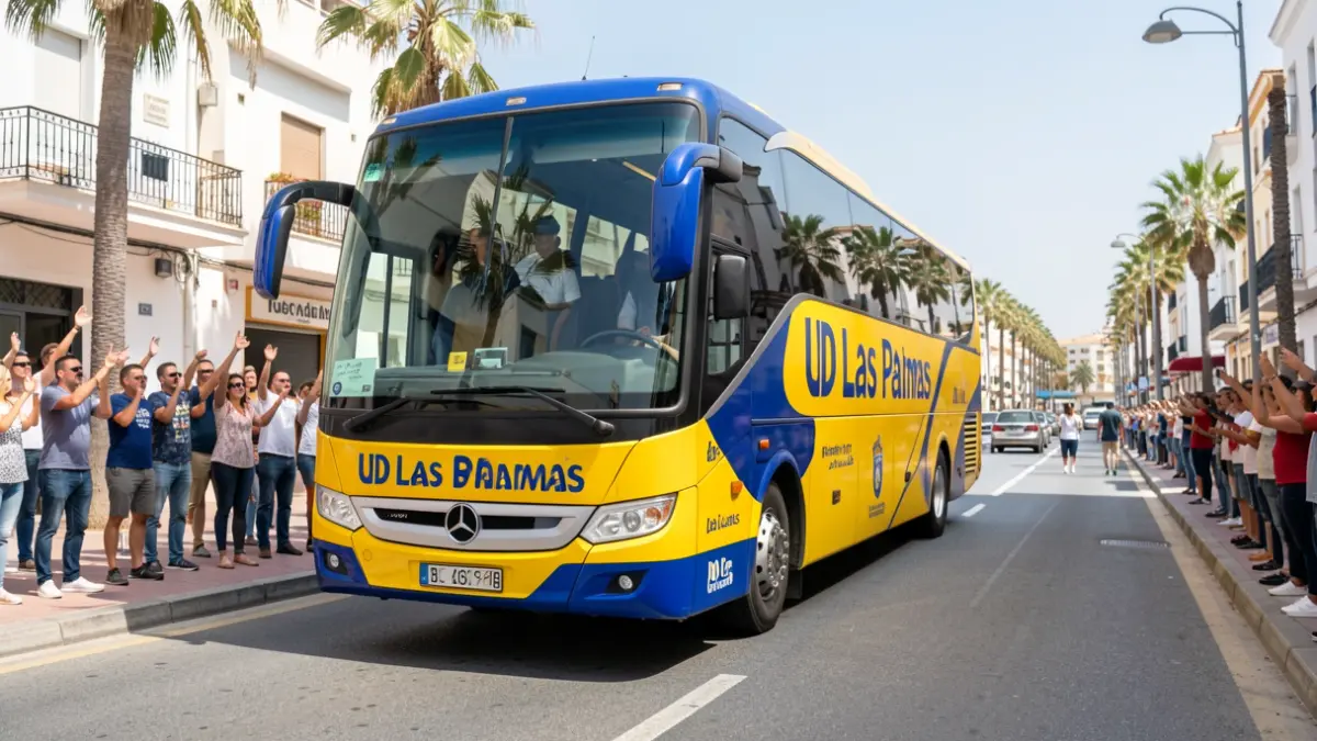 Autobús del equipo UD Las Palmas bajando por una calle con aficionados animando.