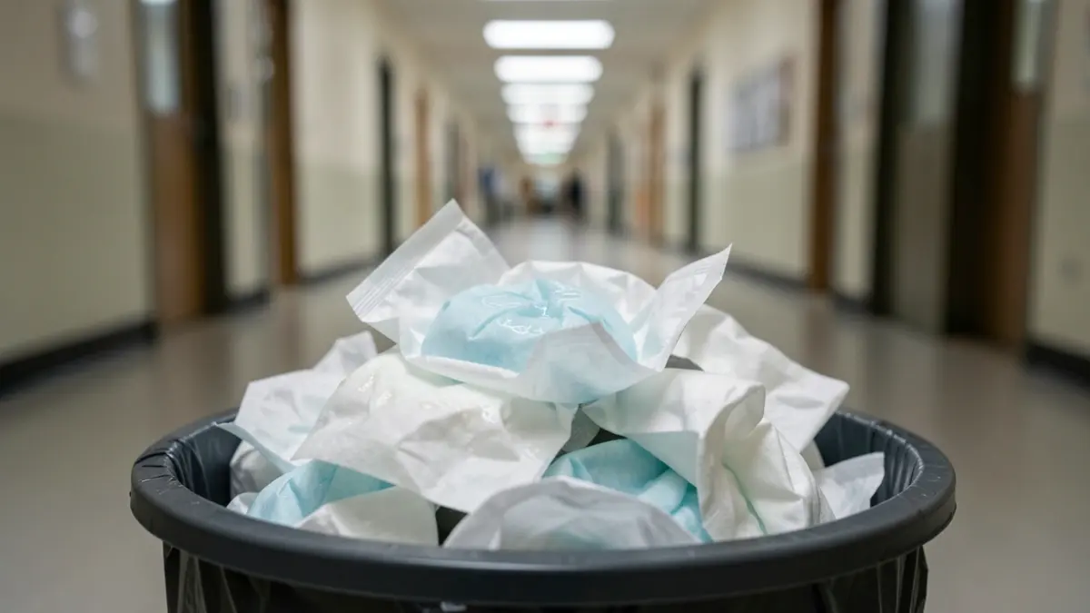 Imagen de toallitas húmedas desbordando una papelera en una universidad.