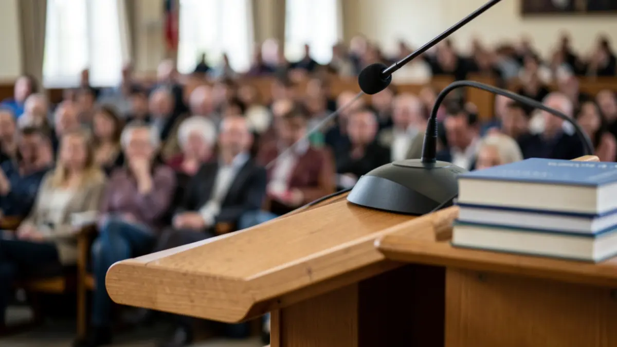Generic image of a lectern with a microphone in a university lecture hall.