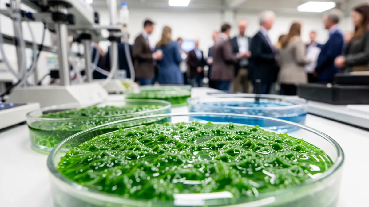 Imagen microscópica de cultivos de microalgas verdes vibrantes en placas de Petri, representando biotecnología e innovación.