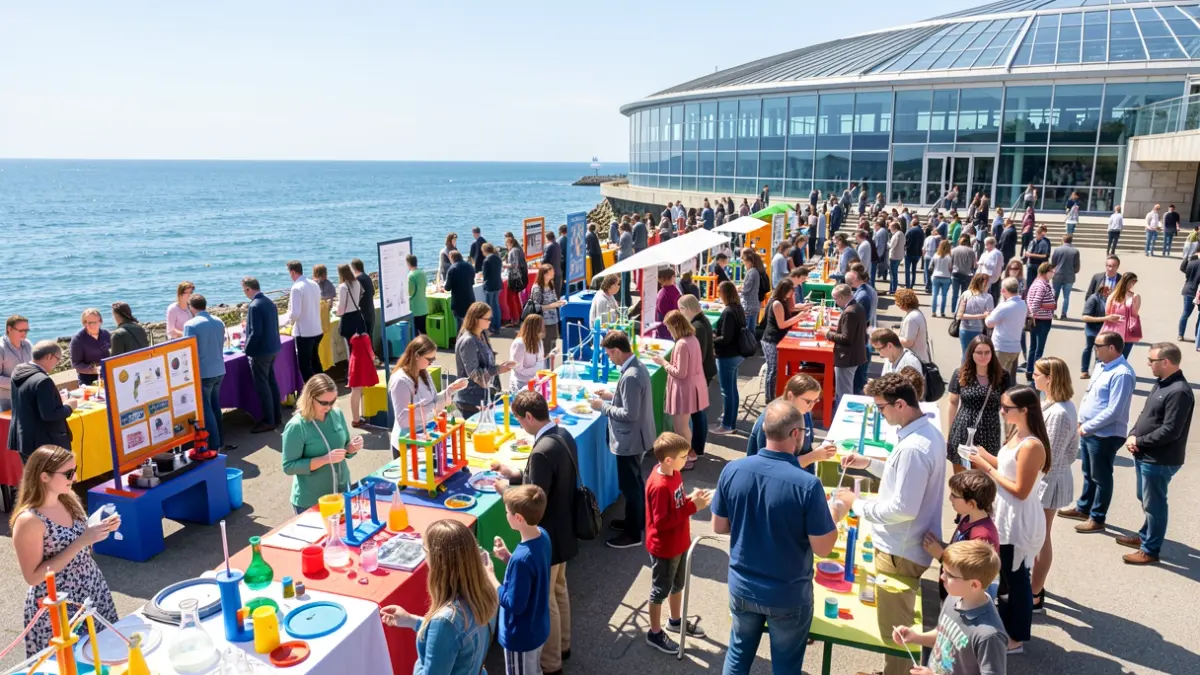 Generic image of an outdoor science fair with people interacting with experiments.