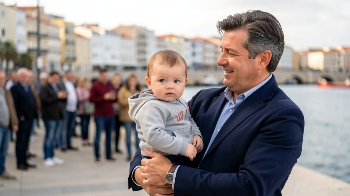 Generic image of a politician holding a baby at a pier.