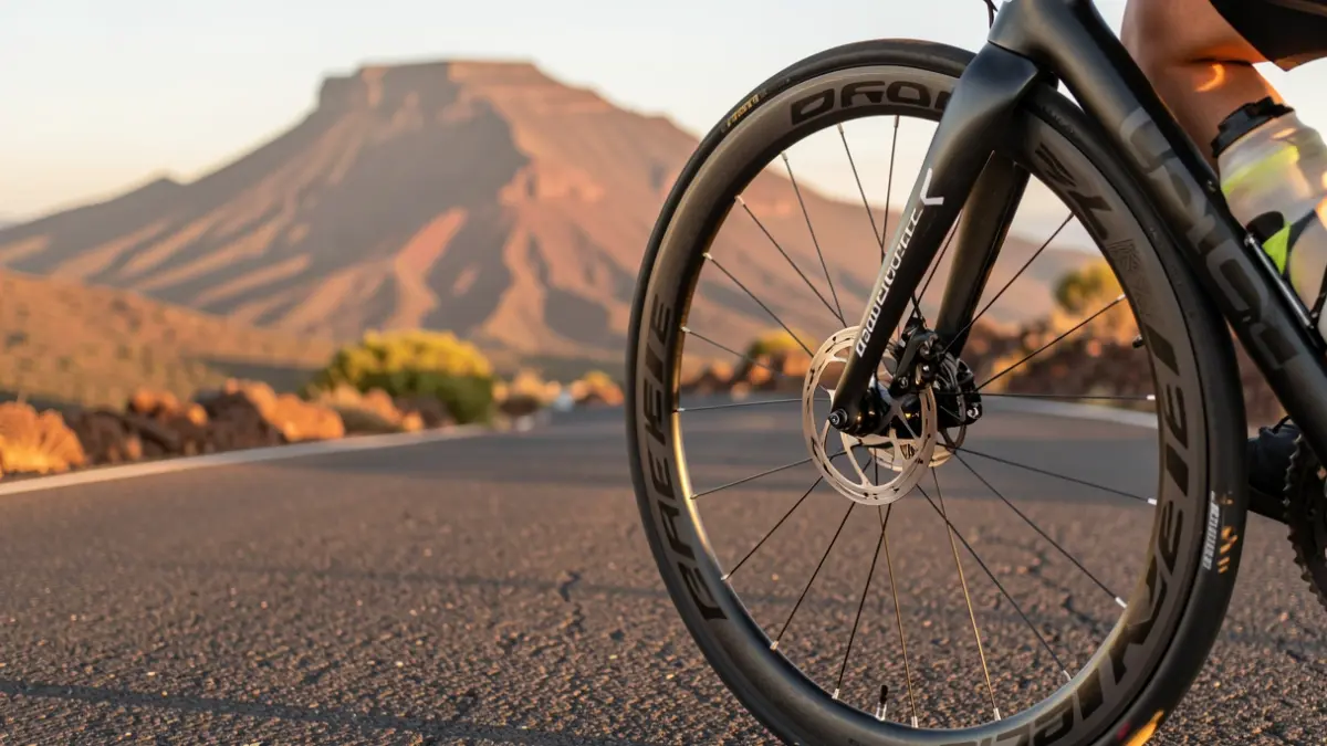 Primer plano de una bicicleta de carretera en una ruta de Gran Canaria con paisaje volcánico al fondo.