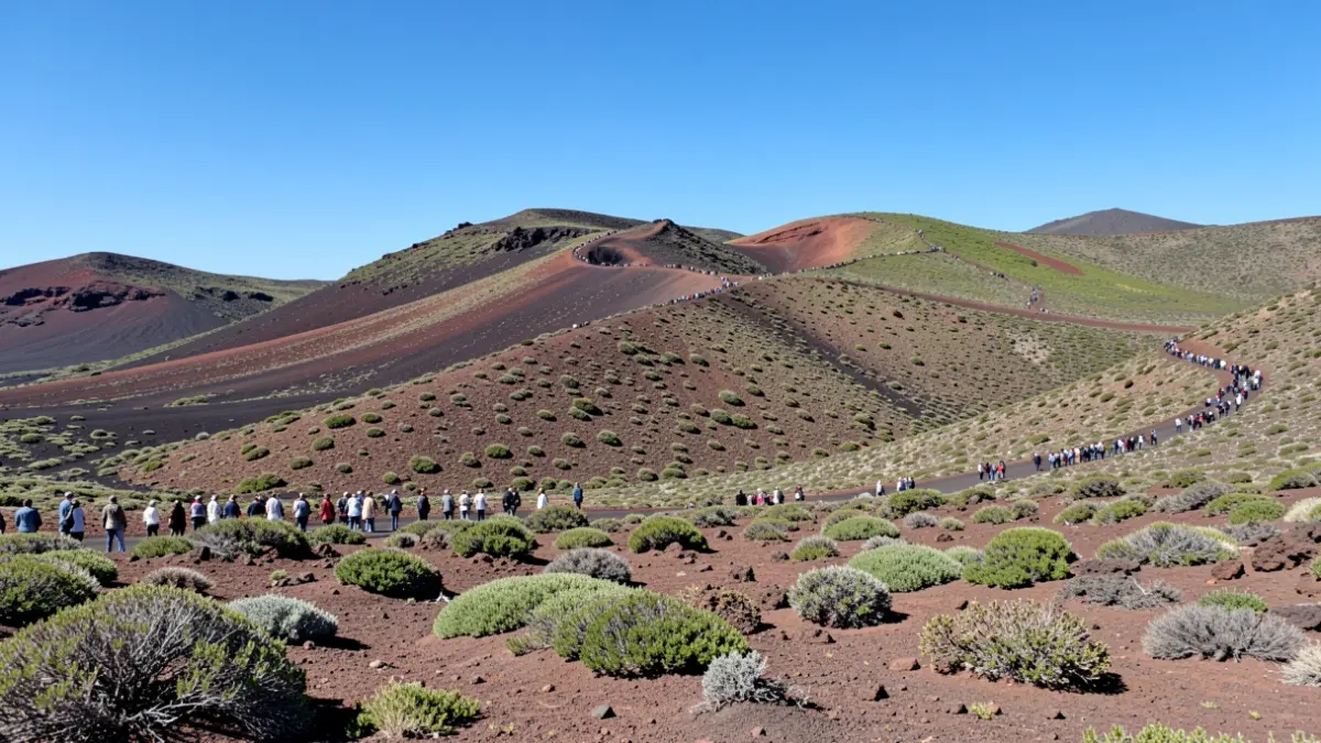 Paisaje volcánico de Lanzarote con vegetación escasa y cielo azul.