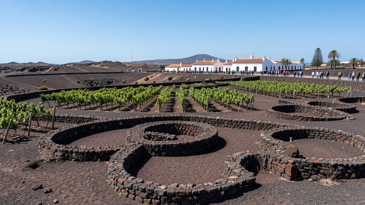 Volcanic landscape of Lanzarote with vineyards in pits and stone walls.