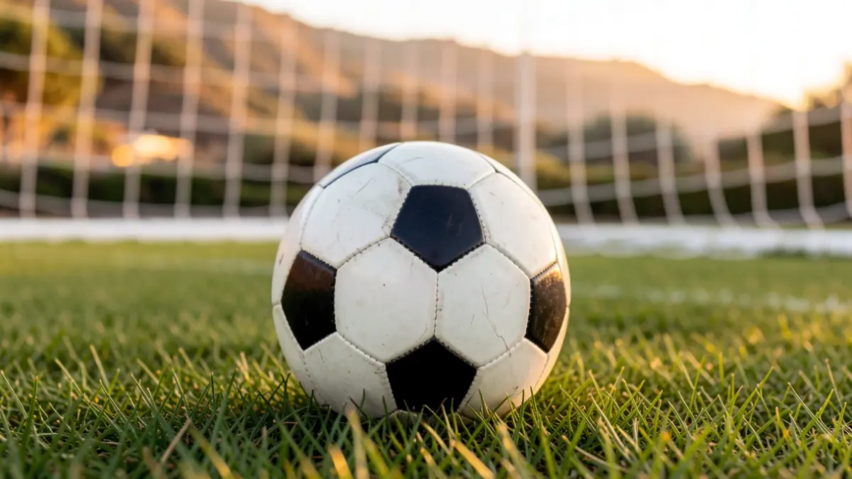 Generic image of a soccer ball on grass with a blurred goal net.